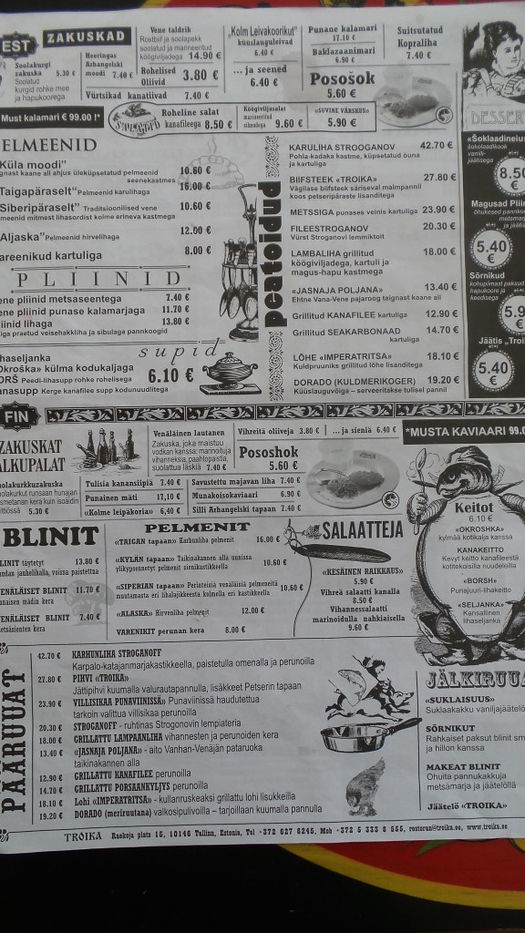 The menu at Troika.